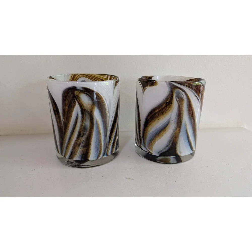 Vintage DB Hand Blown Art Glass Tumblers Brown White Swirl Marbled Glasses Set 2